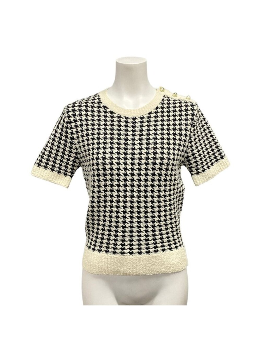 Dior Short Sleeve Sweater I Black White Pearl Houndstooth Crew Neck Cotton 38